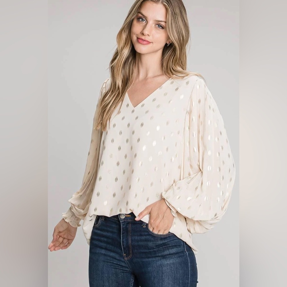 Allie Rose Foiled Dot Pleated Smocked Cuff Sleeve Blouse